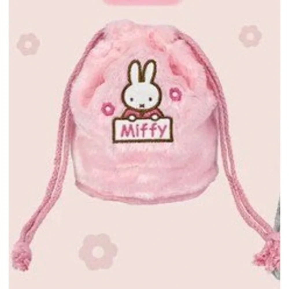 Miffy Boa Pouch Pink Faux Fur Plush Drawstring Bag Embroidered Inner Pockets NWT
